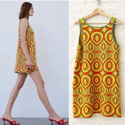 Zara || Vintage-Look Shift Mini Dress Knit 60s 70s Mod Groovy Geometric M • $48.85