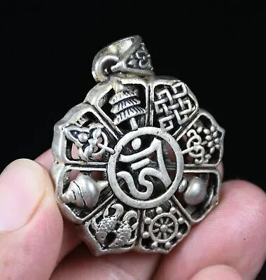 4CM Rare Old Chinese Miao Silver Feng Shui Buddhism Eight Treasures Pendant • $12.59