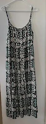 $20 • Buy Sussan Emerald Green And Natural Batik Print Spaghetti Strap Midi Dress Size 14