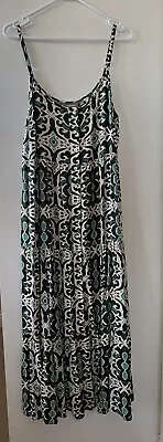 $20 • Buy Sussan Emerald Green And Natural Batik Print Spaghetti Strap Midi Dress Size 14
