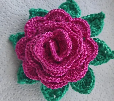 £7.50 • Buy Handmade Crochet Cotton Flower Rose With Leaves Aplique Motif