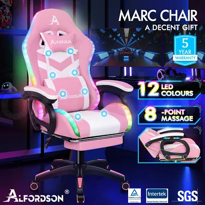 ALFORDSON Gaming Office Chair 12 RGB LED Massage Computer Seat Footrest Pink • $179.95