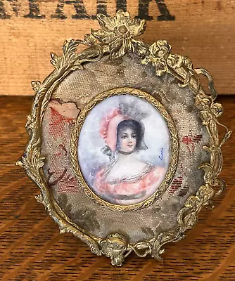 Vintage French Hand Painted Female Lady Portrait Miniature Ormolu Frame: Signed • $57