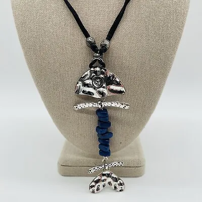Pendant Necklace Silver Tone Blue Beaded Hammered Fish Costume Jewelry 14-32  • $5.98