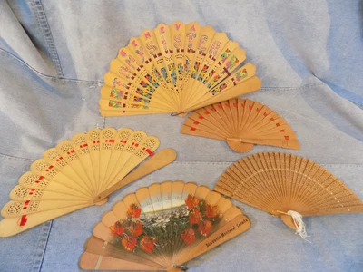 $20 • Buy Vintage Hand Fan Wood Sandalwood Fans Hand Painted Souvenir Lot Of 5