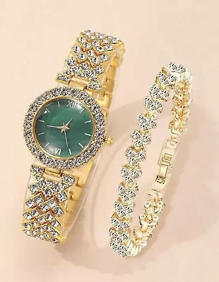 Watch And Bracelet Set Ladies Women Girls Fashion Rhinestones Wristwatch Gift • £10