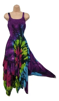 Tie Dye Maxi Dress Rainbow Multi Colored Handkerchief Hem Plus Size 18 20 22 24 • £29.99