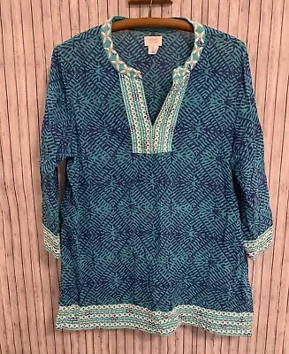 Sigrid Olsen Shirt Womens Large Blue Aqua V-neck Coastal Tunic (T1511G) • $22.99