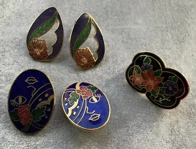 CLOISONNE Jewelry Lot: 2 Pairs Of Earrings & Scarf Clip Floral Pattern Vintage • $19.95