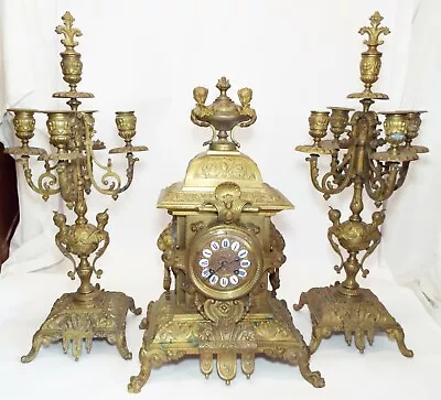 Old JAPY FRERES France Ornate Brass CLOCK GARNITURE SET W/ 2 Candlesticks LION • $625