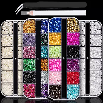 4 Boxes Flat Back Rhinestone&Pearls Kits Flatback Round Mixed Color Gems+Colorfu • $19.99