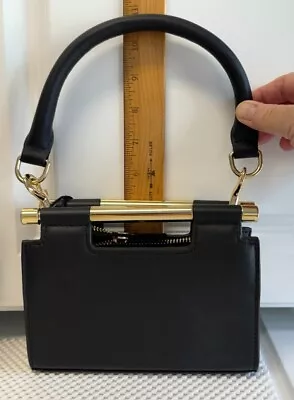 Max Mara Mini Black Leather Top Zip Inside Pocket Gold Accents Purse Dustbag • $175