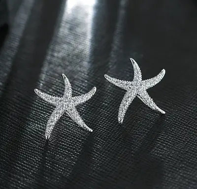 S925 Sterling Silver Rose Gold Silver CZ Pave Starfish Sea Star Stud Earrings • $12.98