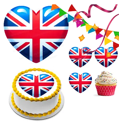 Union Jack Cake Topper Party Decoration Edible Birthday Cupcake Heart Flag UK GB • £5.49