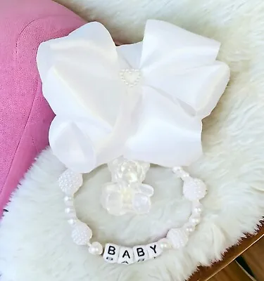 Personalised Stunning White Bow Romany Bear Pram Charm Clip Baby Gift Neutral • £11.99