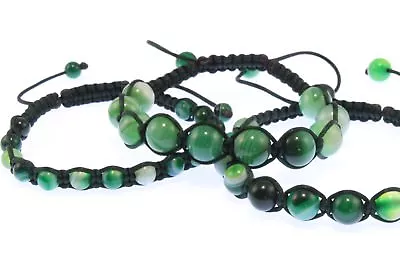 £15 • Buy Shamballa Bracelet, Set Of 3, Gemstone DarkGreen Stripe Agate 10mm/8mm/6mm Beads