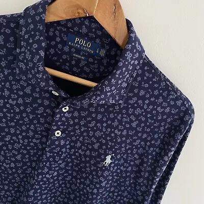 Ralph Lauren Polo Shirt Size L Large Mens Navy Blue Floral Cotton Classic Fit • £44.95