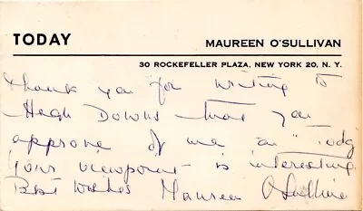Maureen O'Sullivan Postcard Handwritten Note And Signature Today Show 1964 • $15