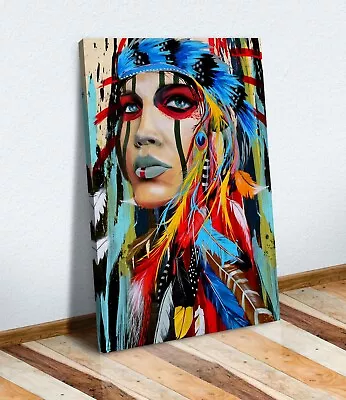 Canvas Wall Art Print Picture Abstract Painting NATIVE AMERICAN INDIAN WOMAN • £64.99