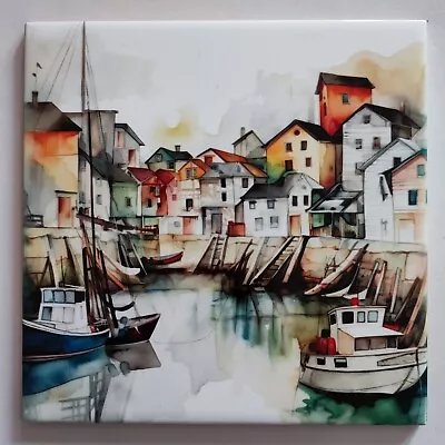 Ceramic Tile Picture Tile Photo Art Tile Watercolour Fishing Boats Harbour Decor • £19.99