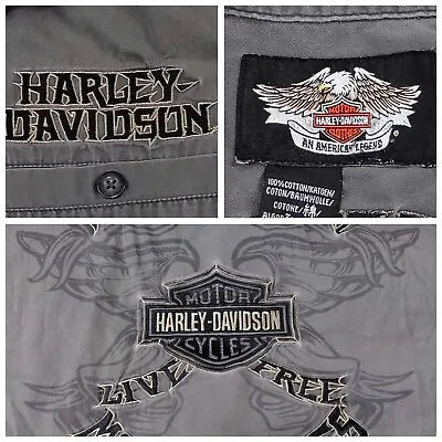 Harley Davidson Men 2XL Gray Embroidered Live Free Mechanic Button Up Shirt READ • $22