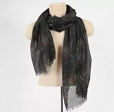 Womens Black With Multi-Color Polka Dots And Metallic Accents Long  Scarf • $15.61