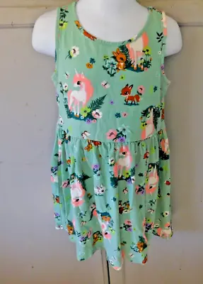 H & M Green Sleeveless Dress W Woodland Creatures Girl Sz 4-6 • $3.99