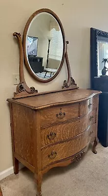 American Golden Oak Bow Front Dresser Chest W/Mirror 1890 • $420