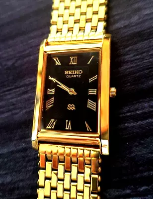 NOS Seiko Black Dial Milanese Band Mens Tank Watch New Mvt & Batt • $77.99