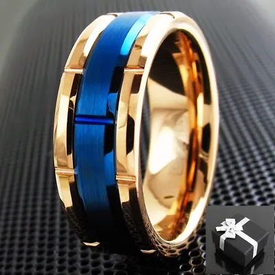 8mm Tungsten Carbide Men's Rose Gold Plated Brushed Blue Grooved Wedding Band • $24.99