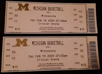 2009.2.19 Michigan Wolverines Basketball Tickets Vs Minnesota 74-62 Win-Novak (2 • $10