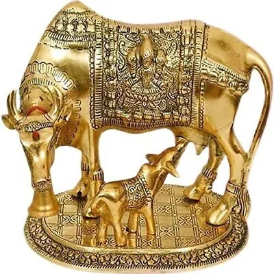 Decorative Kamdhenu Cow Calf Statue Idol Brass Metal Home Car Figurine Showpiece • £24.37