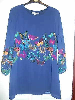 Size 14 Yumi Blue Multi Long Sleeved Dress Butterfly Pattern • £4.95