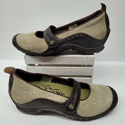 MERRELL Plaza Bandeau Dark Taupe Womens Sz 7.5 Tan Suede Leather Mary Jane Shoes • $17.95