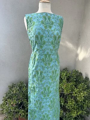 Vtg 60s Maxi Dress Silk Brocade Custom Made XS Blue Green • $75