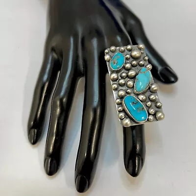 Large Navajo Tawney Willie Turquoise Sterling Silver Drops Ring • $90