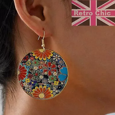 EARRINGS Big Vintage Style 70s ENAMELLED FLOWERS Millefiori MULTICOLOURED Gold • £2.99