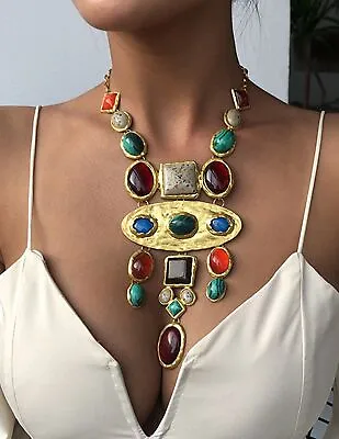 Gold Gems Aztec Geometric Tribal Statement Collar Bib Boho Multi Colour Necklace • £9.99