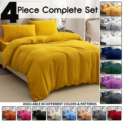 4 Piece Duvet Cover Brushed Fabric Pillowcase With Fitted Sheet Double King Size • £14.99