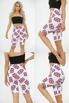 Womens Union Jack Flag UK Printed CYCLE SHORTS Ladies Stretchable Sports Pants • £6.69