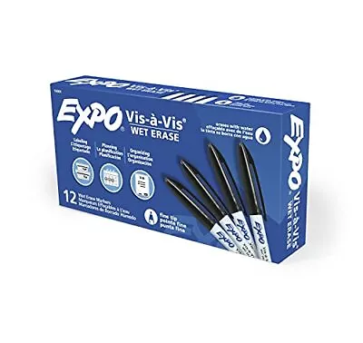 EXPO Vis-a-Vis Wet Erase Markers Fine Point Black 12 Count • $22.95