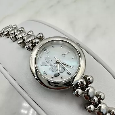 Disney Mickey Mouse Silver Tone Bracelet Watch Mother Of Pearl Dial NEW BATTERY • $21.99