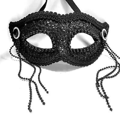 Ladies Masquerade Black Eyemask With Tassles Fancy Dress Sequins 20s Halloween • £4.99