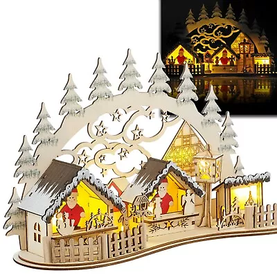 30cm Wooden Light Up Christmas Scene Village Indoor Festive Display Decoration • £13.99