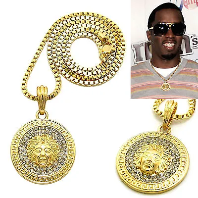 Mens Hip Hop Gold Round Medallion Pendant 2mm 24  Box Chain Necklace • $14.99