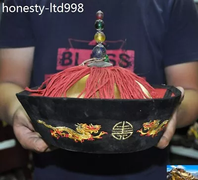 18  China Qing Dynasty Silk Gem Dragon Embroidery Royal Officer Hat Cap Headgear • $153