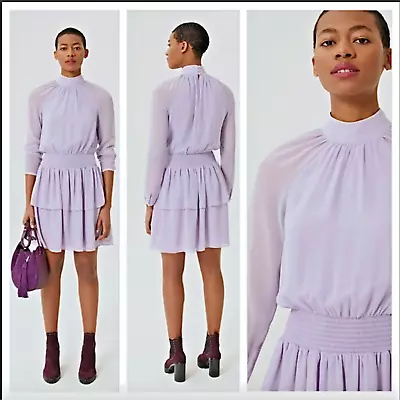 Rebecca Minkoff Tiered Chiffon Zaykee Dress Purple Lilac High Neck Bag XS NWT • $85