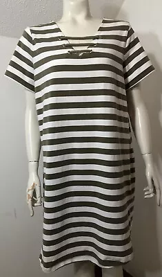 Michael Kors Womens 1X Tee Shirt Dress Olive White Striped V Neck Laced Short Sl • $13.95