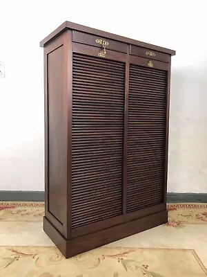 Antique French Mahogany Double Filing Cabinet Tambour Roller Shutter With Trays • £795