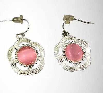 Vintage Estate Jewelry Silver-Tone Pink Center French Hook Pierced Earrings  • $10